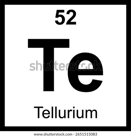 Tellurium (Te) periodic table of elements tile. Icon with atomic number 52. Metalloid used in alloys and for rewritable optical discs.