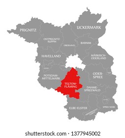 Teltow-Flaeming county red highlighted in map of Brandenburg Germany