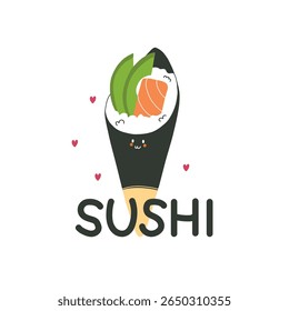 Temaki. Asian food. Kawaii character mascot. Salmon and rice with avocado wrapped in seaweed. Snack Japanese cuisine. sushi roll, vector cartoon flat isolated illustration