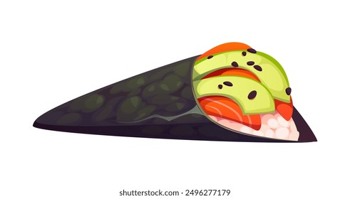 Temaki cartoon Japanese hand roll sushi c. Isolated vector appetizing japan dish, Asian food, wrapped in dark seaweed and includes slices of fresh avocado, salmon and rice, topped with sesame seeds