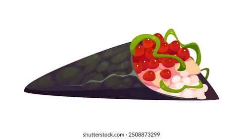 Temaki cartoon Japanese sushi, hand roll c featuring a nori wrap filled with white rice, bright red salmon roe and green seaweed salad ingredients. Isolated vector traditional Japan cuisine dish