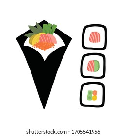 Temaki and Futomaki sushi, Vector illustration for Japanese food cuisine. Flat style.