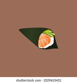 Temaki illustration, sushi temaki vector illustration, sushi kelp cone, cone nori seaweed, salmon, avocado, cucumber, gherkin, kelp and rice on brown background