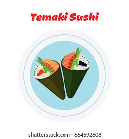 Temaki on plate. Raw fish - tuna, salmon, caviar, rice and nori in sushi. Made in cartoon flat style