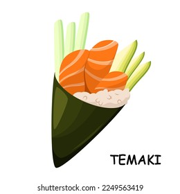 Temaki with salmon on a white background. Japanese cuisine.
