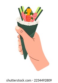 Temaki sushi roll in hand. Japanese cuisine.