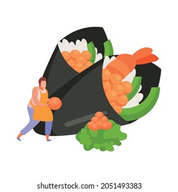 Temaki sushi with shrimp and red caviar flat icon with character of man vector illustration