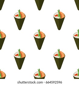 Temaki tasty food seamless pattern. Raw fish, caviar, rice and nori in sushi. Made in cartoon flat style