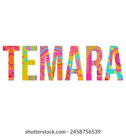 Temara moroccan city, creative text design, filled with colorful doodle pattern. Use for  card, logo, tshirt print,travel blog, festival, event, typography, posters, headline,