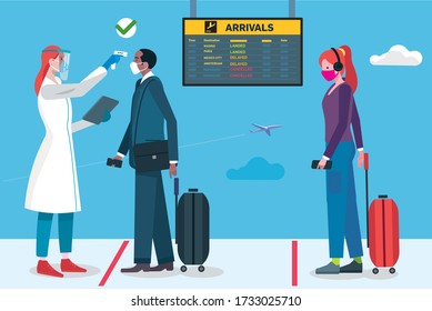 Temerature Control for Passenger at Arrivals Gate. Airport health security for Covid-19. A medical staff with protective equipment takes the temperature of the passengers after landed  at the airport.