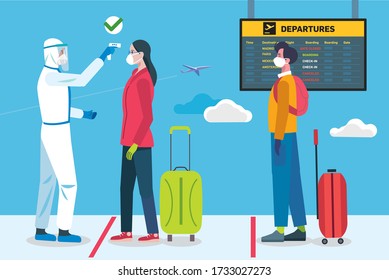 Temerature Control for Passenger at Departure Gate. A medical staff with protective equipment takes the temperature of the passengers before boarding  their plane at the airport.