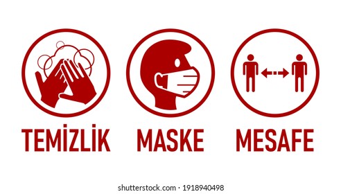 Temizlik Maske Mesafe ("Higiene, máscara facial, distanciamiento social" en turco) Coronavirus Covid-19 Medidas e icono de advertencia con texto. Imagen vectorial.