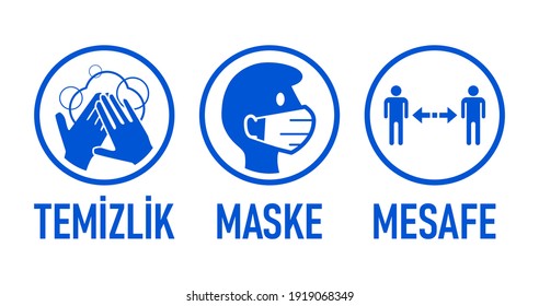 Temizlik Maske Mesafe ("Hygiene, Face Mask, Social Distancing" in Turkish) Coronavirus Covid-19 Measures and Warning Icon Set with Text. Vector Image.