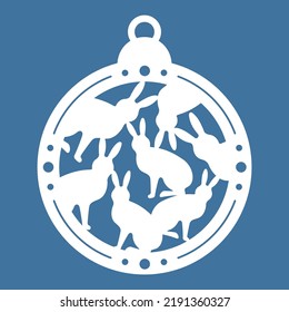 Temlate of laser cut Christmas ball with silhouettes of rabbits. Sample for a New Years card, invitation to a Christmas party. For printing, laser, paper or plotter cutting. Vector illustration.