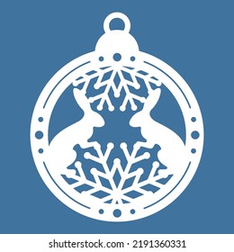 Temlate of laser cut Christmas ball with rabbits and snowflakes. Sample for a New Years card, invitation to a Christmas party. For printing, laser, paper or plotter cutting. Vector illustration.