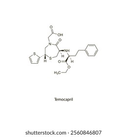 Temocapril flat skeletal molecular structure ACE inhibitor drug used in hypertension treatment. Vector illustration scientific diagram.