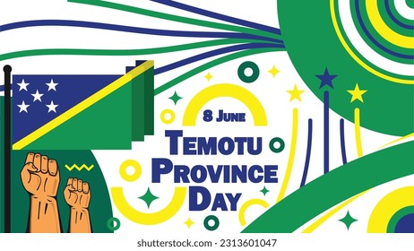 Diseño vectorial del Día de la Provincia de Temotu con formas geométricas retro, colores brillantes vibrantes, bandera de la provincia de Temotu y tipografía. Feliz Día de la Provincia de Temotu moderno minimo simple ilustración de afiches.