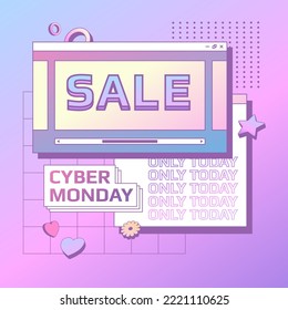 Tempate design cyber monday banner. 90's interface style. Retro design concept. Vector