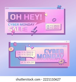 Tempate design cyber monday banner. 90's interface style. Retro design concept. Vector