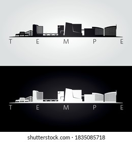 Tempe, Arizona skyline and landmarks silhouette, black and white design, vector illustration.  