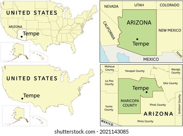 Ubicación de la ciudad de Tempe en los EE.UU., el estado de Arizona y el mapa del condado de Maricopa