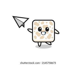 tempeh cartoon character throwing paper airplane , cute design