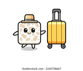 tempeh cartoon illustration with luggage on vacation , cute design
