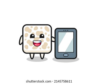 tempeh illustration cartoon holding a smartphone , cute design