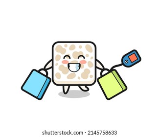 tempeh mascot cartoon holding a shopping bag , cute design