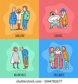 Temperament types design concept including persons with different behavior during communication isolated on color background vector illustration 