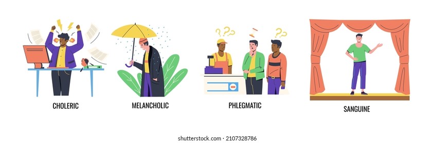 Temperament types. Infographic of persons with different moods. Angry choleric. Happy sanguine. Phlegmatic and melancholic. Human behavior classification. Vector mental individualities set