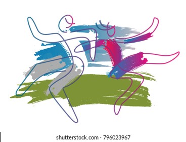 Temperamental Dance pair on a meadow.
Temperamental couple dancing on a meadow, expressive, line art stylized. Vector available.