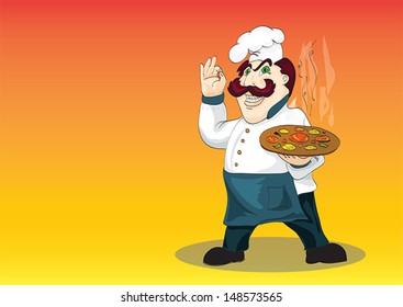 temperamental Italian chef with appetizing hot pizza on vibrant background. Illustration, vector