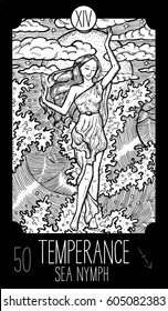 Temperance. 14 Major Arcana Tarot Card. Sea Nymph. Fantasy engraved line art illustration. Engraved vector drawing. See all collection in my portfolio set