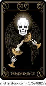 Temperance. The 14th card of Major arcana black and gold tarot cards. Tarot deck. Vector hand drawn illustration with skulls, occult, mystical and esoteric symbols.