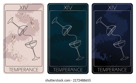 Temperance. A card of Major arcana one line drawing tarot cards. Tarot deck. Vector linear hand drawn illustration with occult, mystical and esoteric symbols. 3 colors. Proposional to 2,75x4,75 in.