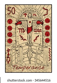 Temperance.  The major arcana tarot card in color, vintage hand drawn engraved illustration with mystic symbols. Water bearer or young man pouring water from two jars. Aquarius.
