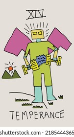 Temperance Tarot card reading , doodle cartoon robot hand drawing