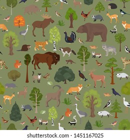 Temperate broadleaf forest and mixed forest biome seamless pattern.Terrestrial ecosystem world map. Animals, birds and plants graphic design. Vector illustration