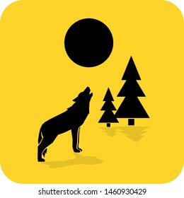 Temperate climatic zone environment logo. Fox or wolf howling under full moon in coniferous forest. Flat 3D shadow design. Product brand service label banner board display. App icon. Website.