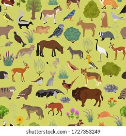 Temperate And Dry Steppe Biome, Natural Region Seamless Pattern. Prarie, Steppe, Grassland, Pampas. Animals, Birds And Vegetations Ecosystem Design Set. Vector Illustr