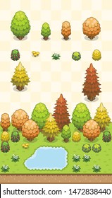 Temperate forest plants set (pine tree, generic tree, berry bushes) in autumn on oblique projection. Images are designed to align into square grid for easy game tile-mapping.