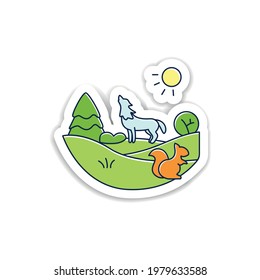 Temperate forest sticker.Forest found between tropical,boreal regions,located in temperate zone badge for designs.Animals living place vector emblem