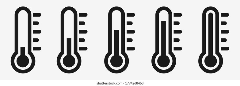 Temperature black icon set vector. Weather symbols. Warm cold scale temperature symbols. Isolated flat graphic design stock. Illustration on white background.