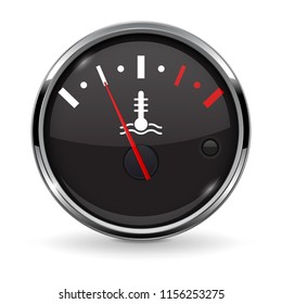 Temperature car gauge. Black device with chrome frame. Vector 3d illustration isolated on white background