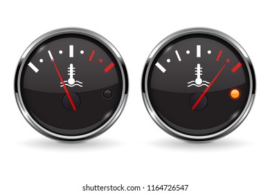 Temperature car gauge set. Black device with chrome frame. Low and high level. Vector 3d illustration isolated on white background