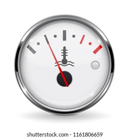 Temperature car gauge. White device with chrome frame. Low level. Vector 3d illustration isolated on white background