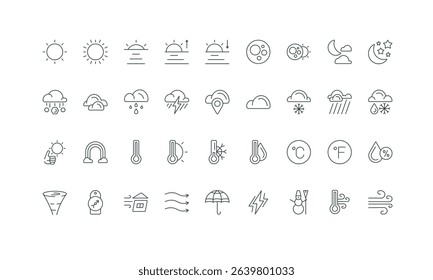 Temperature in Celsius and Fahrenheit, humidity thin black and red symbols vector illustration. Weather forecast and meteorology, rain cloud and sun, wind and snow storm, rainbow line icon set