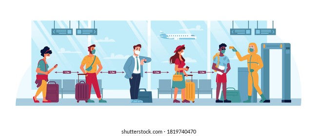 Temperature Check At Airport And Social Distance, Vector, Covid Coronavirus Masks And Public Health Security. People Passengers In Airport Terminal, Measuring Temperature With Thermoscan Thermometer