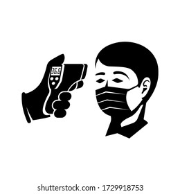 Temperature check black icon. Doctor holding a non-contact thermometer in hand. Silhouette mask on face. Pictogram coronavirus prevention. Epidemic 2019-ncov. Vector illustration flat design.